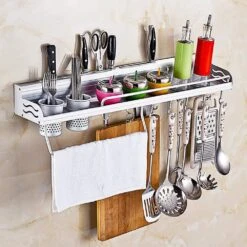 Multifunctional Wall Mount Aluminium Hanging Utensil Display Rack Shelf Organizer For Ladles Spoons Pans Spices Cutlery Cookware With Knife And Hand Towel Holder(Multifunctional Wall Mount Aluminium Hanging Utensil Display Rack Shelf Organizer For Ladles Spoons Pans Spices Cutlery Cookware With Knife And Hand Towel Holder)
