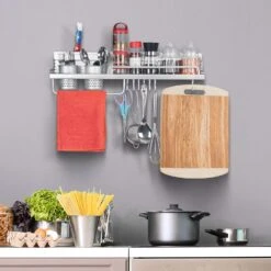 Multifunctional Wall Mount Aluminium Hanging Utensil Display Rack Shelf Organizer For Ladles Spoons Pans Spices Cutlery Cookware With Knife And Hand Towel Holder(Multifunctional Wall Mount Aluminium Hanging Utensil Display Rack Shelf Organizer For Ladles Spoons Pans Spices Cutlery Cookware With Knife And Hand Towel Holder) -Best Household Items product name 2422333