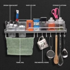 Multifunctional Wall Mount Aluminium Hanging Utensil Display Rack Shelf Organizer For Ladles Spoons Pans Spices Cutlery Cookware With Knife And Hand Towel Holder(Multifunctional Wall Mount Aluminium Hanging Utensil Display Rack Shelf Organizer For Ladles Spoons Pans Spices Cutlery Cookware With Knife And Hand Towel Holder) -Best Household Items product name 3344779