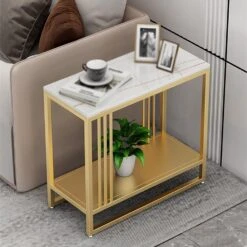 Modern Marble Slim Side Table With Storage Shelf – Stylish End Tables For Living Room And Space-Saving Sofa Tables (Size:65 * 28 * 55cm,)(Modern Marble Slim Side Table With Storage Shelf Stylish End Tables For Living Room And Space Saving Sofa Tables Size 65 28 55cm)