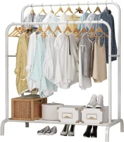 Metal Multipurpose Garment Rack Heavy Duty Cloth Rail With 2 Bottom Shelf Coat Jacket Hanging Hanger Shoe Stand ''WHITE & BLACK(Metal Multipurpose Garment Rack Heavy Duty Cloth Rail With 2 Bottom Shelf Coat Jacket Hanging Hanger Shoe Stand White Black) 13 Metal Multipurpose Garment Rack Heavy Duty Cloth Rail With 2 Bottom Shelf Coat Jacket Hanging Hanger Shoe Stand ''WHITE & BLACK(Metal Multipurpose Garment Rack Heavy Duty Cloth Rail With 2 Bottom Shelf Coat Jacket Hanging Hanger Shoe Stand White Black) -Best Household Items product name 4558729