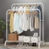 Metal Multipurpose Garment Rack Heavy Duty Cloth Rail With 2 Bottom Shelf Coat Jacket Hanging Hanger Shoe Stand ''WHITE & BLACK(Metal Multipurpose Garment Rack Heavy Duty Cloth Rail With 2 Bottom Shelf Coat Jacket Hanging Hanger Shoe Stand White Black) -Best Household Items product name 9206902